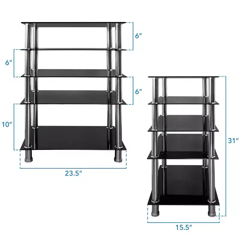 Mount-It! Tempered Glass AV Component Media Stand, Audio Tower and Media Center with 5 Shelves, 220 Lbs Total Capacity, Black Shelves Chrome Legs