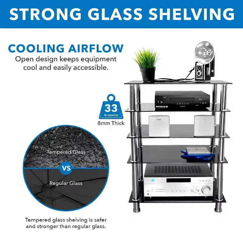 Mount-It! Tempered Glass AV Component Media Stand, Audio Tower and Media Center with 5 Shelves, 220 Lbs Total Capacity, Black Shelves Chrome Legs