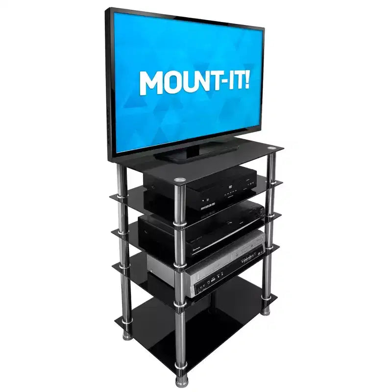 Mount-It! Tempered Glass AV Component Media Stand, Audio Tower and Media Center with 5 Shelves, 220 Lbs Total Capacity, Black Shelves Chrome Legs