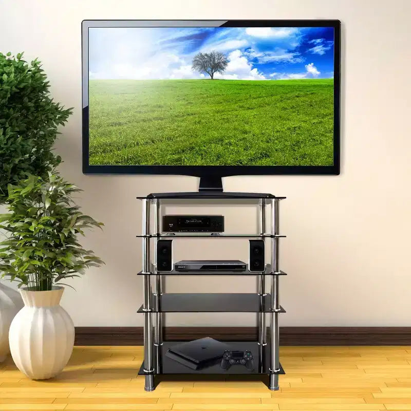 Mount-It! Tempered Glass AV Component Media Stand, Audio Tower and Media Center with 5 Shelves, 220 Lbs Total Capacity, Black Shelves Chrome Legs