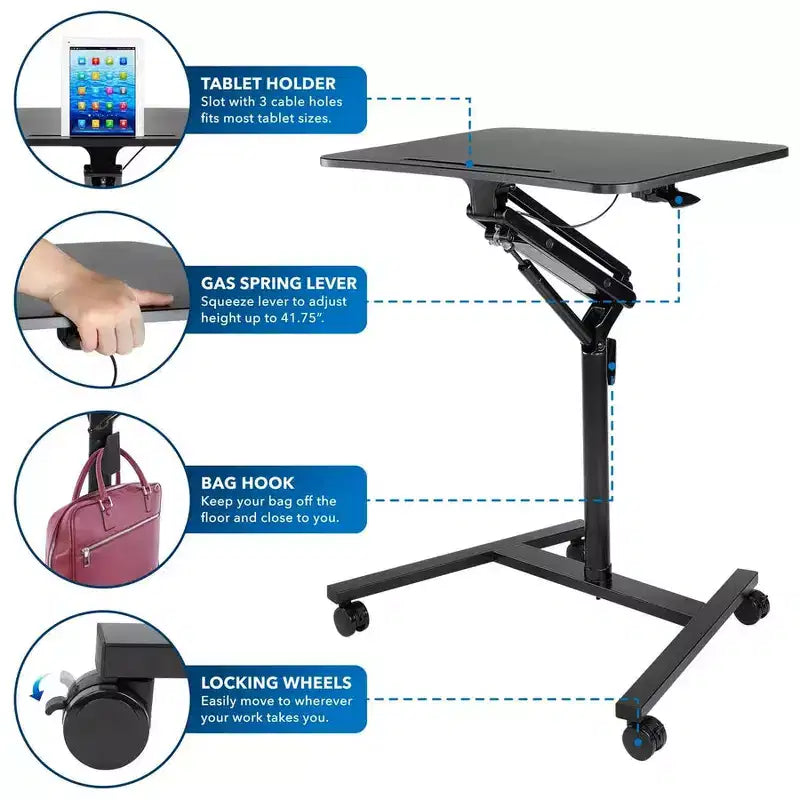 Mount-It! Scrivania mobile per laptop | Postazione di lavoro su ruote regolabile in altezza con rotelle | Larga 27" con meccanismo di sollevamento a molla a gas | Nero