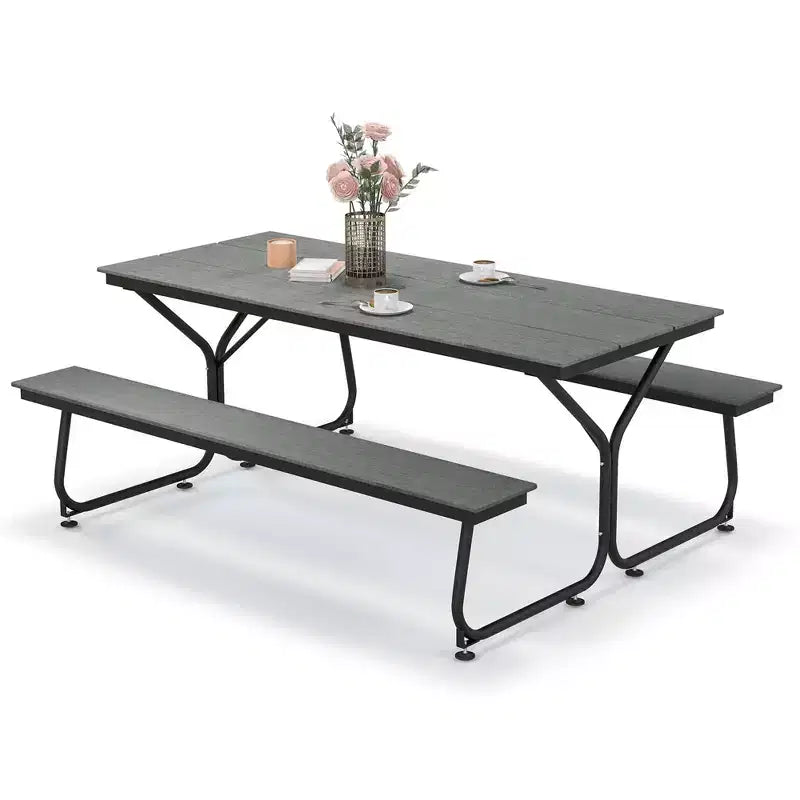 Set Tavolo da Picnic e Panche Costway da 1,8 m, da Esterno, in HDPE, Resistente, per 6-8 Persone, Marrone/Grigio