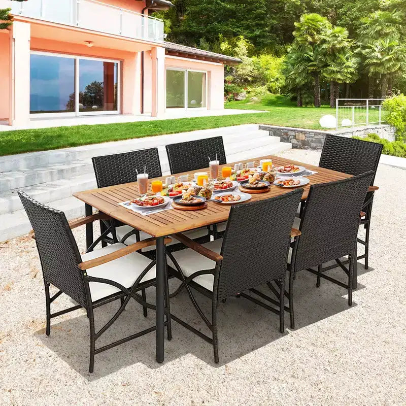 Costway Set da Pranzo da Esterno 5 Pezzi in Vimini, Poltrone con Cuscini, Tavolo in Legno di Acacia con Foro per Ombrellone