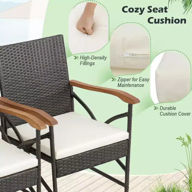 Costway Set da Pranzo da Esterno 5 Pezzi in Vimini, Poltrone con Cuscini, Tavolo in Legno di Acacia con Foro per Ombrellone