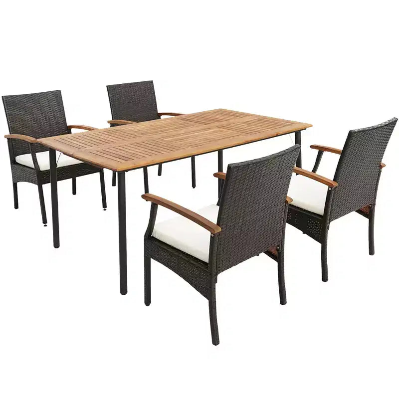 Costway Set da Pranzo da Esterno 5 Pezzi in Vimini Cuscino Poltrone in Legno di Acacia Tavolo con Foro per Ombrellone