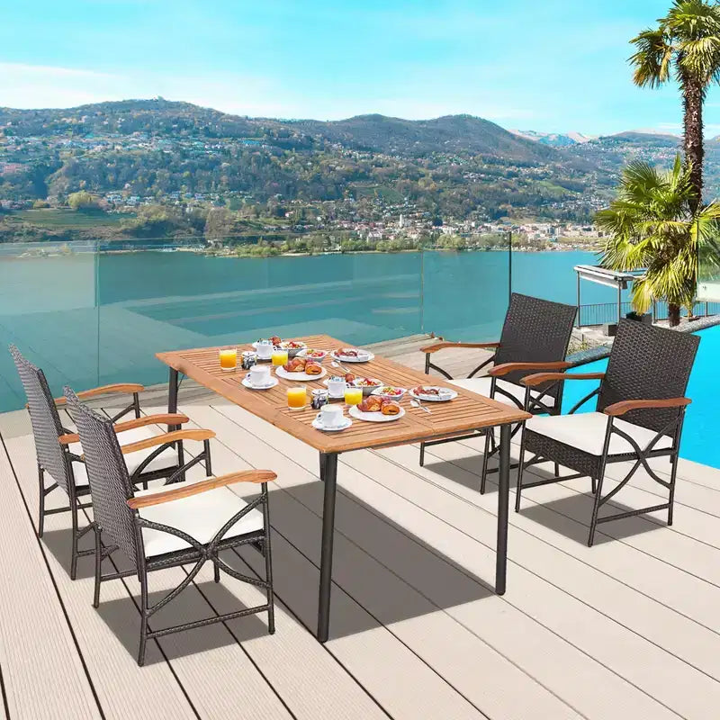 Costway Set da Pranzo da Giardino 7 Pezzi in Rattan con Cuscino Braccioli in Legno di Acacia Tavolo con Foro per Ombrellone