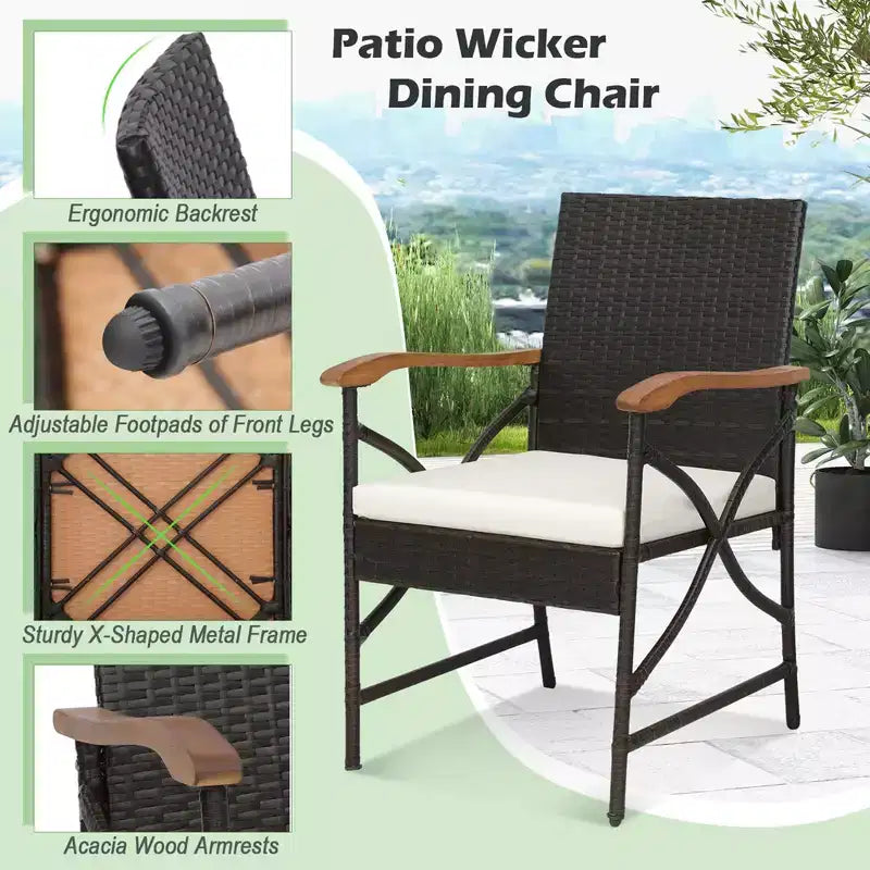 Costway Set da Pranzo da Giardino 7 Pezzi in Rattan con Cuscino Braccioli in Legno di Acacia Tavolo con Foro per Ombrellone