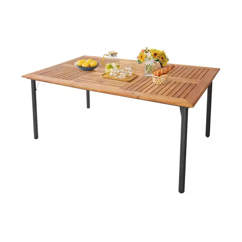 Costway Set da Pranzo da Giardino 7 Pezzi in Rattan con Cuscino Braccioli in Legno di Acacia Tavolo con Foro per Ombrellone