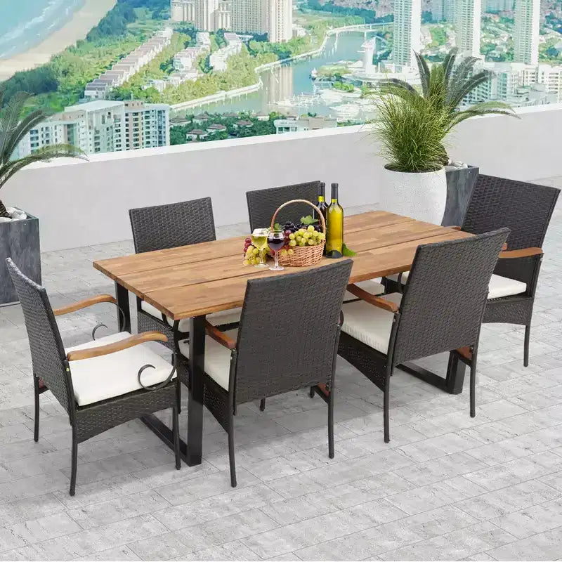 Costway 7 PCS Patio Rattan Dining Set Acacia Wood Table 6 Wicker Chairs with Umbrella Hole