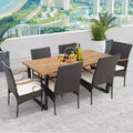 Costway 7 PCS Patio Rattan Dining Set Acacia Wood Table 6 Wicker Chairs with Umbrella Hole