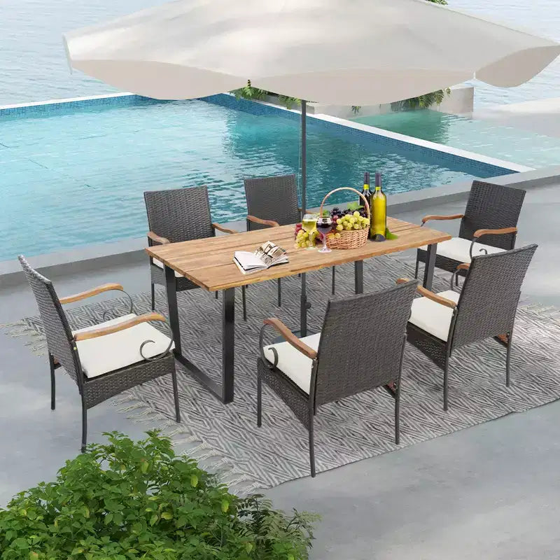 Costway Set da Pranzo per Esterni 7 Pezzi in Rattan Tavolo in Legno di Acacia 6 Sedie in Vimini con Foro per Ombrellone