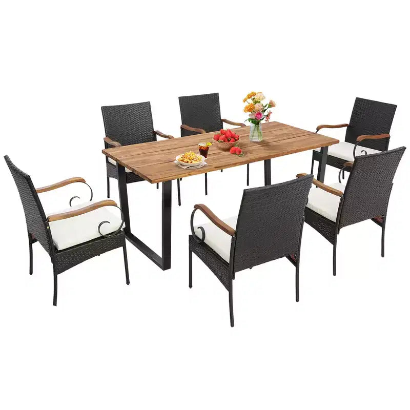 Costway Set da Pranzo per Esterni 7 Pezzi in Rattan Tavolo in Legno di Acacia 6 Sedie in Vimini con Foro per Ombrellone