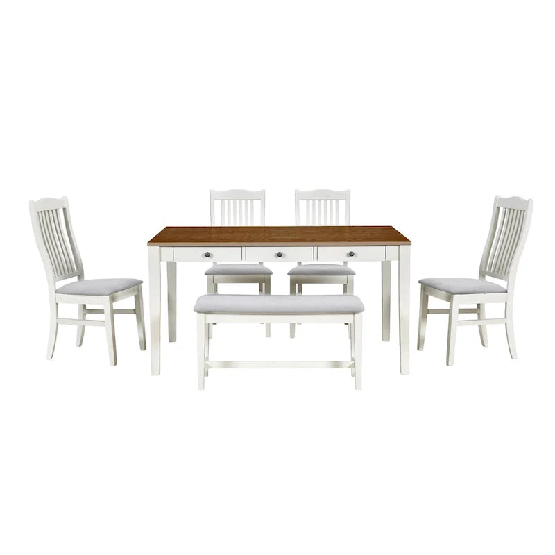 Set da pranzo di 6 pezzi in legno con 4 sedie e panca, tavolo con cassetto