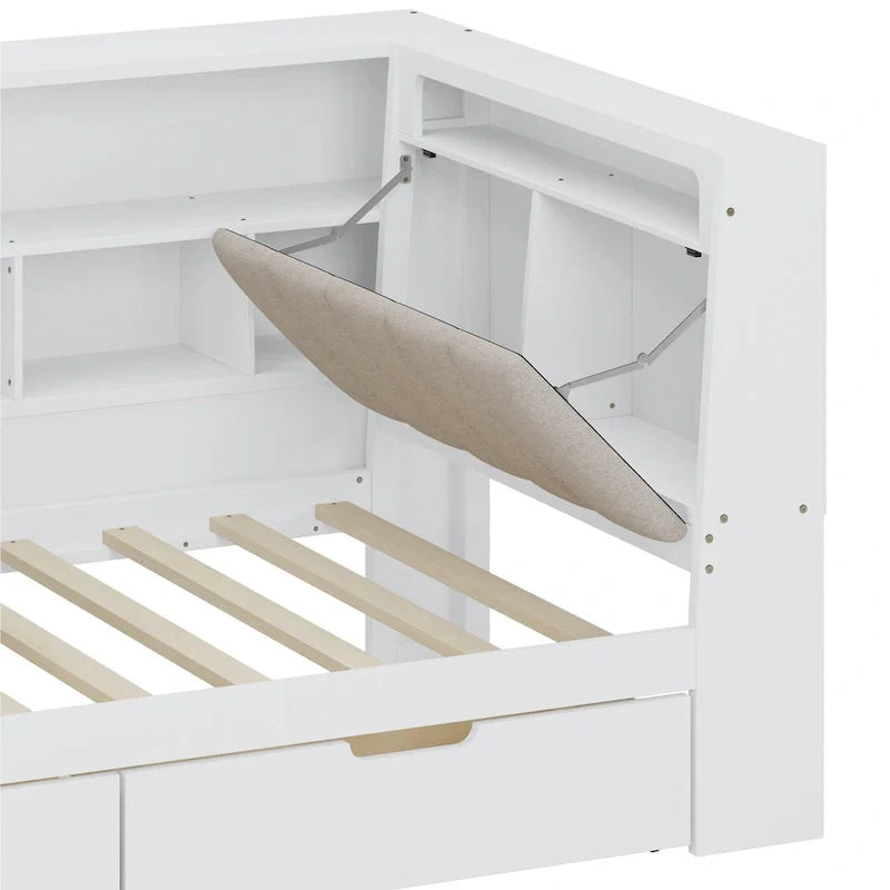 Divano Letto a "L" in Legno con Scrivania, Mobile Libreria, Letto Angolare con Cassetti Sottostanti, Testiera Imbottita con Luce Integrata