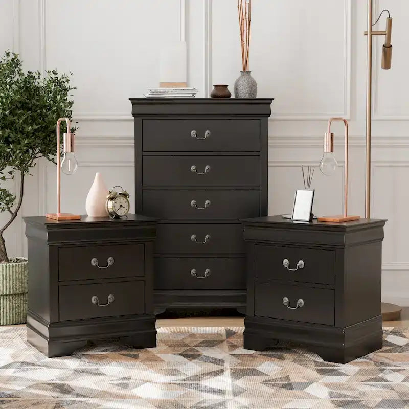 Furniture of America Devi Set Comodino e Cassettiera Tradizionali a 3 Pezzi in Legno Massello