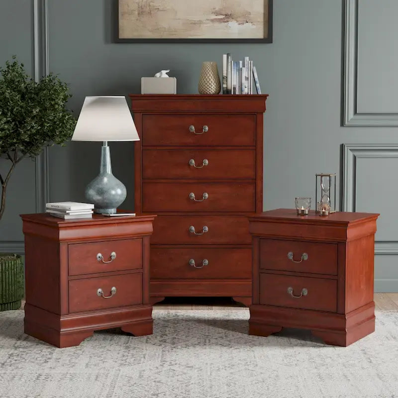 Furniture of America Devi Set Comodino e Cassettiera Tradizionali a 3 Pezzi in Legno Massello