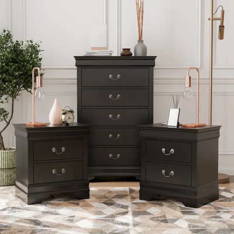 Furniture of America Devi Set Comodino e Cassettiera Tradizionali a 3 Pezzi in Legno Massello