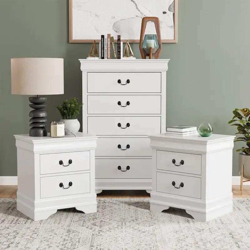 Furniture of America Devi Set Comodino e Cassettiera Tradizionali a 3 Pezzi in Legno Massello
