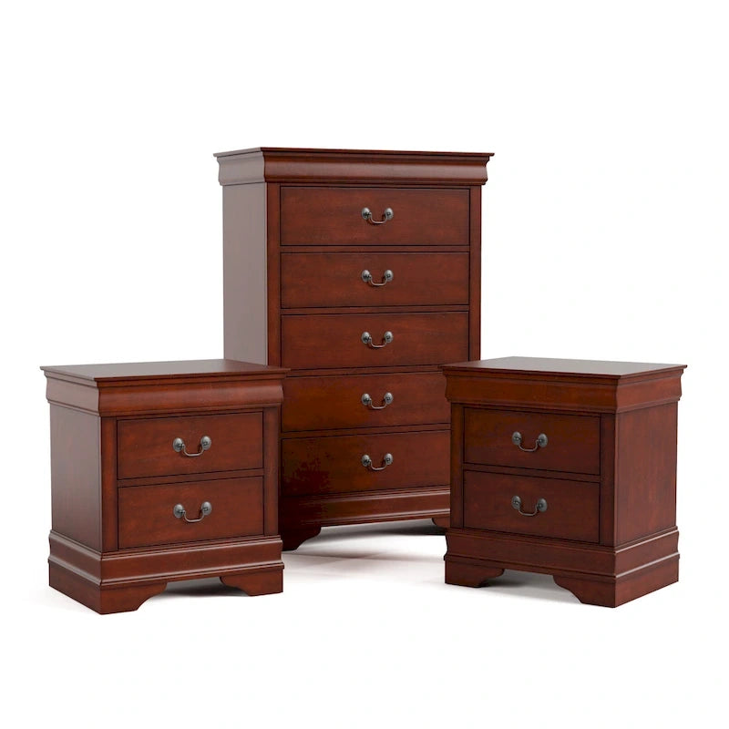 Furniture of America Devi Set Comodino e Cassettiera Tradizionali a 3 Pezzi in Legno Massello