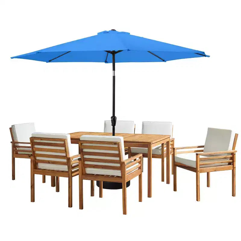 Set da pranzo da esterno Alaterre Furniture 8 pz, tavolo Okemo con ombrellone a inclinazione automatica da 3 m