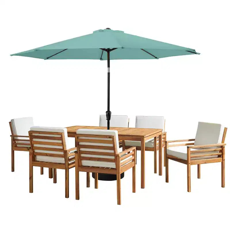 Set da pranzo da esterno Alaterre Furniture 8 pz, tavolo Okemo con ombrellone a inclinazione automatica da 3 m