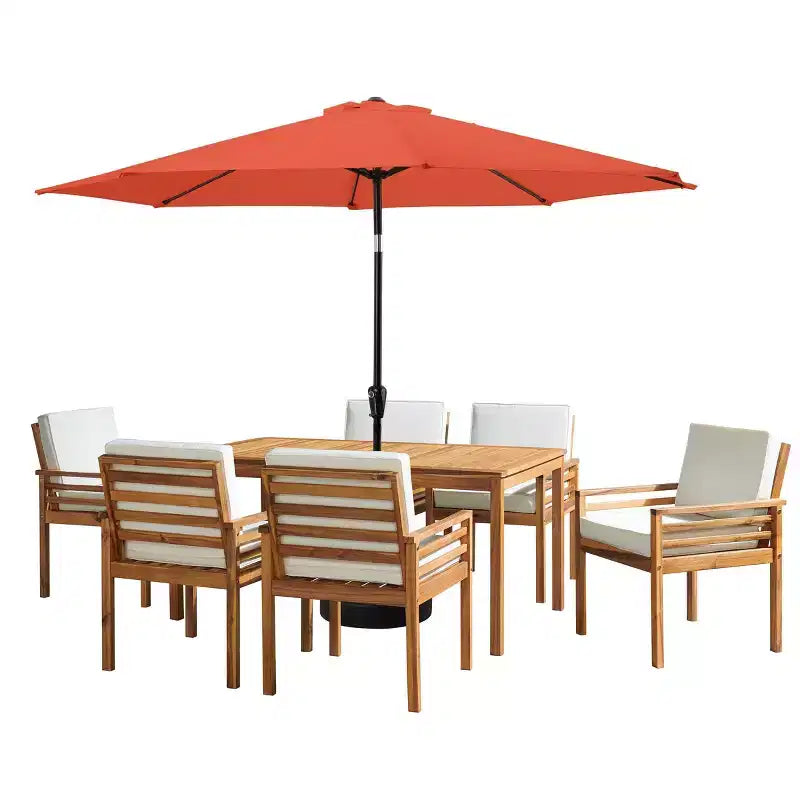 Set da pranzo da esterno Alaterre Furniture 8 pz, tavolo Okemo con ombrellone a inclinazione automatica da 3 m