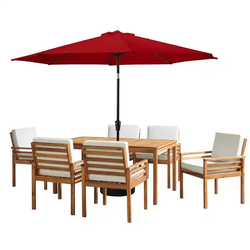 Set da pranzo da esterno Alaterre Furniture 8 pz, tavolo Okemo con ombrellone a inclinazione automatica da 3 m