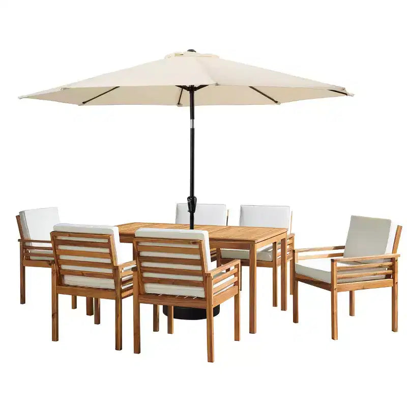 Set da pranzo da esterno Alaterre Furniture 8 pz, tavolo Okemo con ombrellone a inclinazione automatica da 3 m