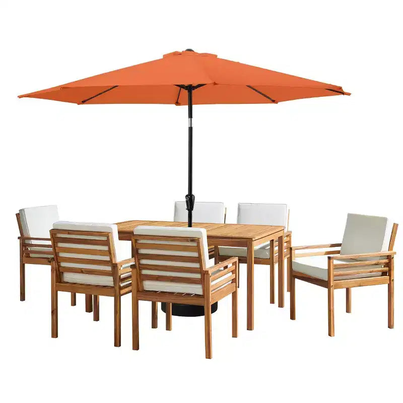 Set da pranzo da esterno Alaterre Furniture 8 pz, tavolo Okemo con ombrellone a inclinazione automatica da 3 m