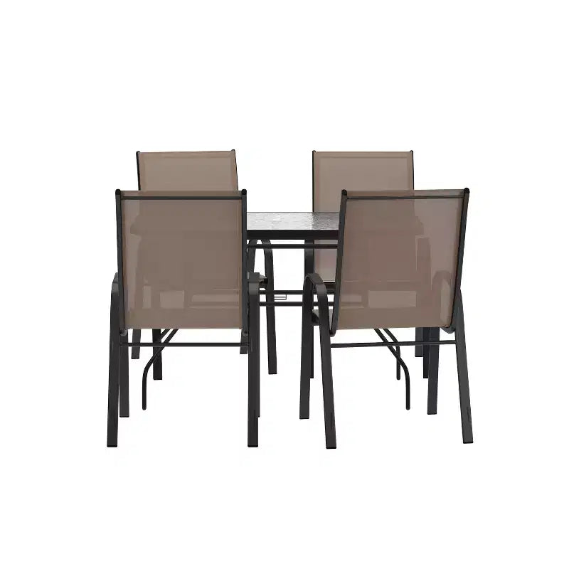Set da tavolo da pranzo per esterni Merrick Lane da 5 pezzi per 4 persone con tavolo da patio con ripiano in vetro e 4 sedie impilabili con materiale Flex Comfort