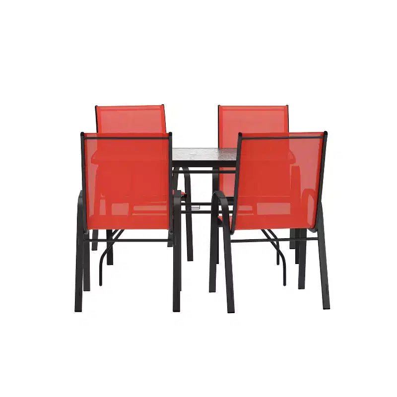 Set da tavolo da pranzo per esterni Merrick Lane da 5 pezzi per 4 persone con tavolo da patio con ripiano in vetro e 4 sedie impilabili con materiale Flex Comfort