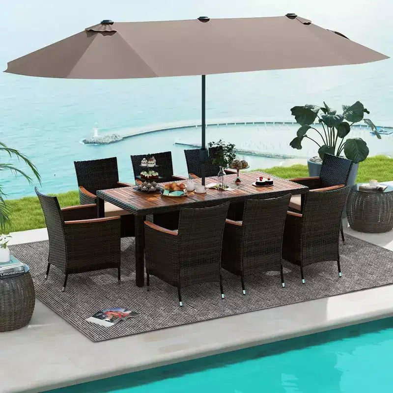Set da pranzo da giardino Costway 11 pezzi con ombrellone a doppio lato da 4,5 m (base inclusa) beige/caffè/blu scuro/arancione/vino/grigio