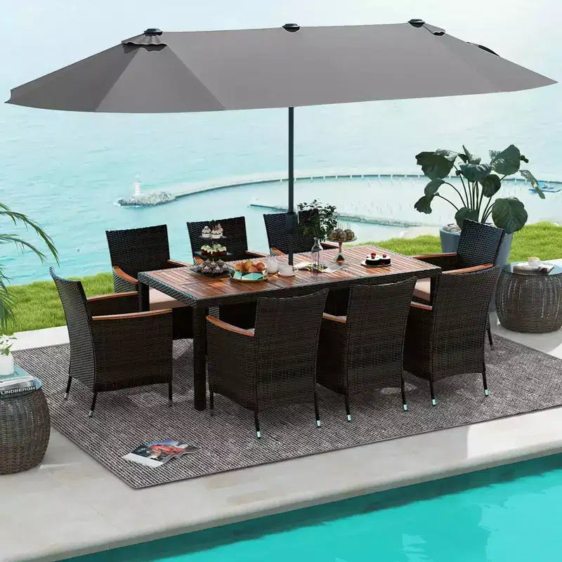 Set da pranzo da giardino Costway 11 pezzi con ombrellone a doppio lato da 4,5 m (base inclusa) beige/caffè/blu scuro/arancione/vino/grigio