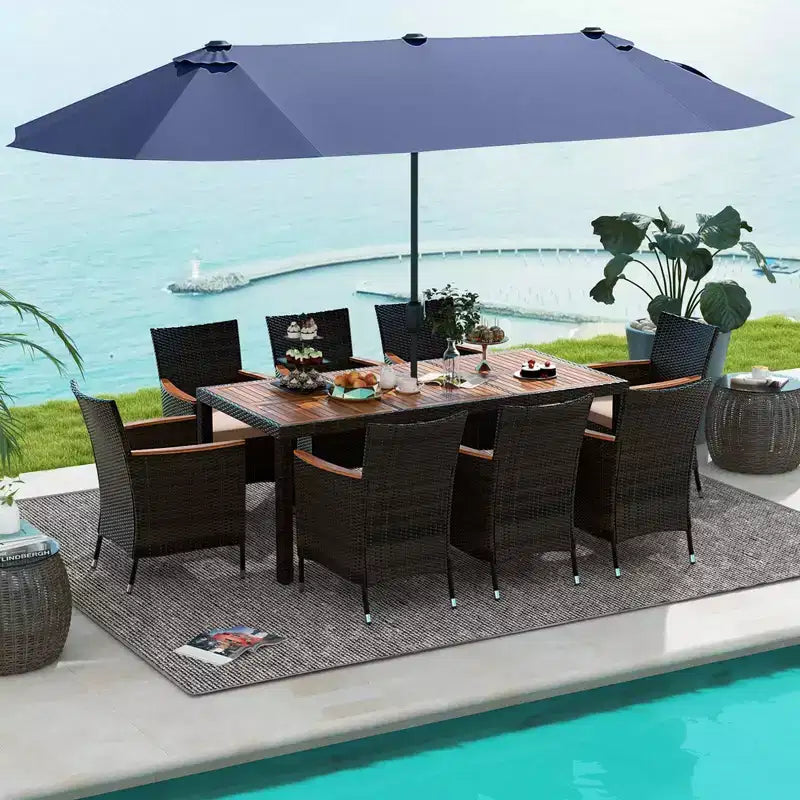Set da pranzo da giardino Costway 11 pezzi con ombrellone a doppio lato da 4,5 m (base inclusa) beige/caffè/blu scuro/arancione/vino/grigio