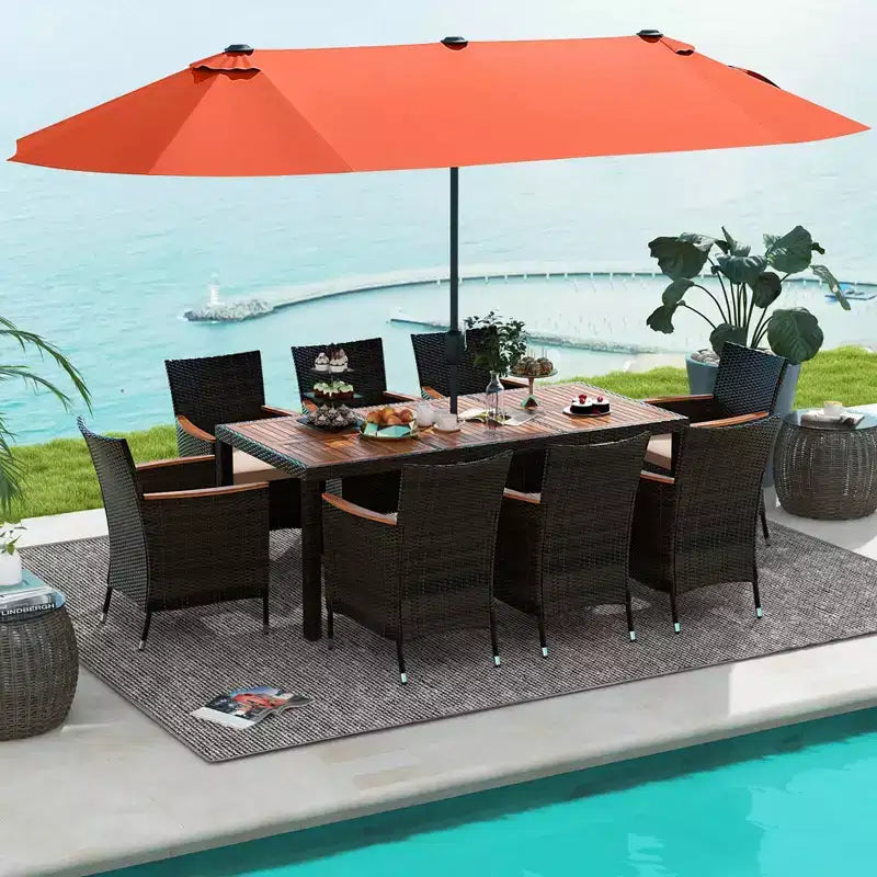Set da pranzo da giardino Costway 11 pezzi con ombrellone a doppio lato da 4,5 m (base inclusa) beige/caffè/blu scuro/arancione/vino/grigio