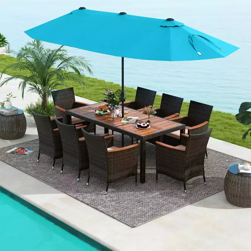 Set da pranzo da giardino Costway 11 pezzi con ombrellone a doppio lato da 4,5 m (base inclusa) beige/caffè/blu scuro/arancione/vino/grigio