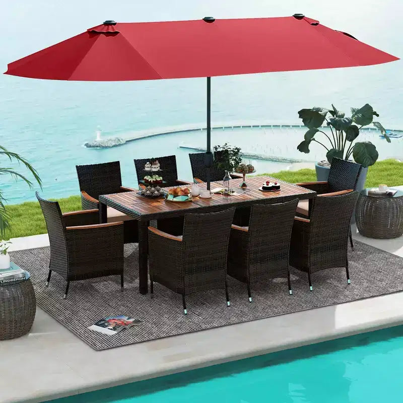 Set da pranzo da giardino Costway 11 pezzi con ombrellone a doppio lato da 4,5 m (base inclusa) beige/caffè/blu scuro/arancione/vino/grigio