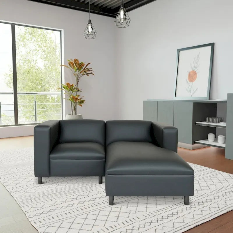 Divano Coast to Coast Mid-Century Modern a L, in ecopelle con struttura in legno massello, imbottito