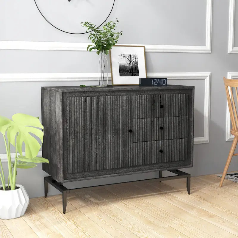 3 Drawer Wood Accent Cabinet - Black Mango Wood - Metal Legs