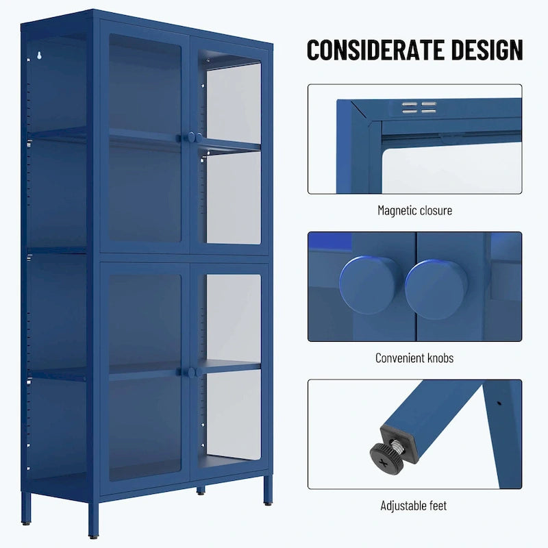 Glass Door Storage Cabinet with Adjustable Shelves - Multiple Colors