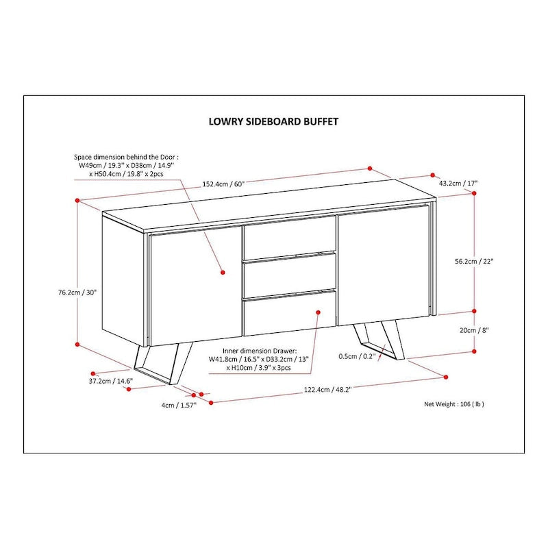 WYNDENHALL Mitchell Mobile buffet/credenza industriale moderna rettangolare in metallo da 152 cm in LEGNO DI ROVERE - 152 x 43 x 76 cm