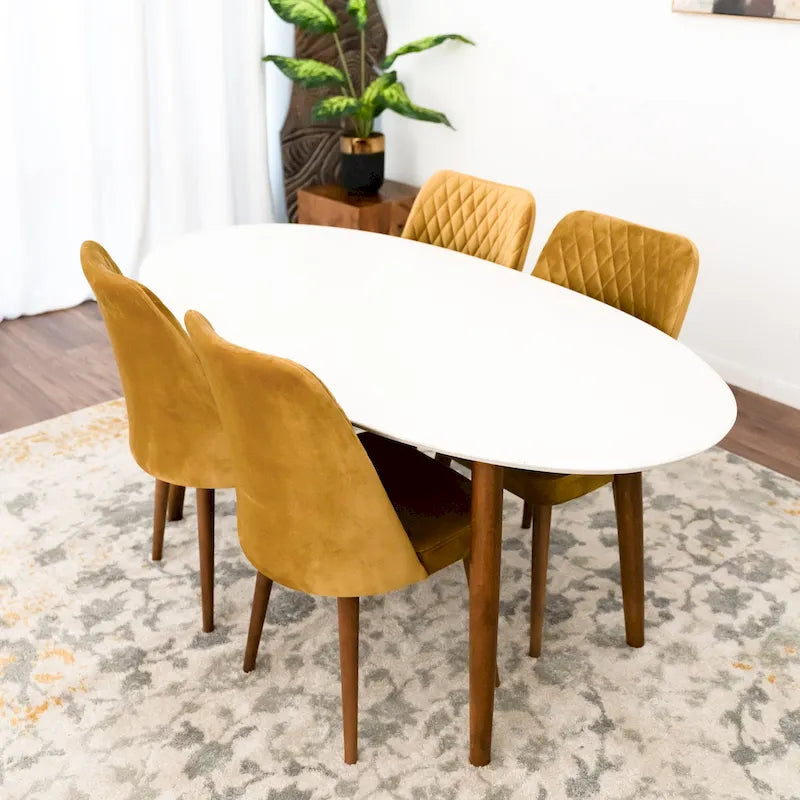 Set da pranzo ovale Kadenza da 5 pezzi con 4 sedie da pranzo in tessuto giallo