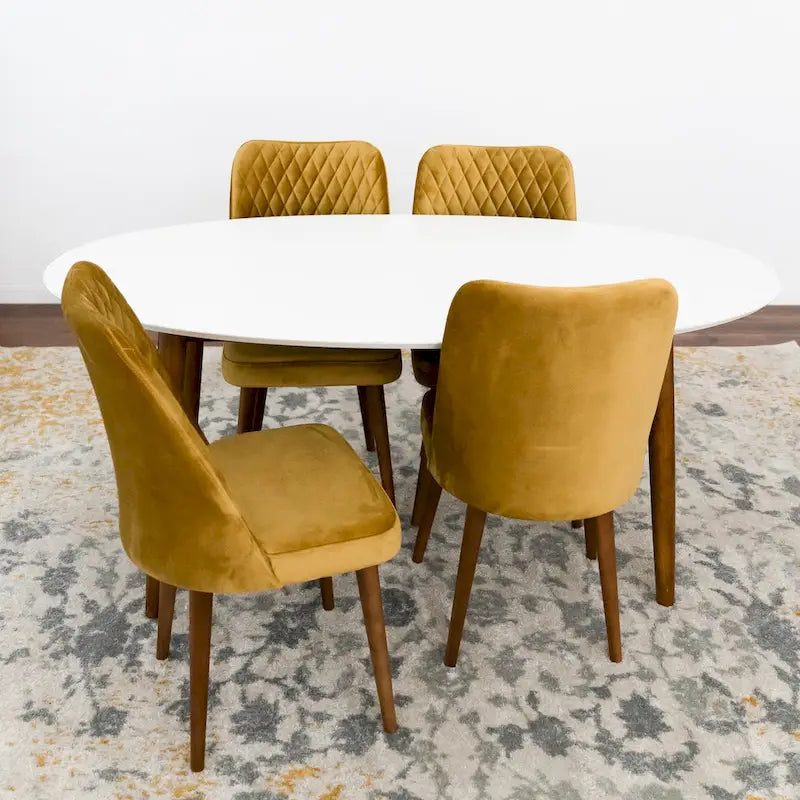 Set da pranzo ovale Kadenza da 5 pezzi con 4 sedie da pranzo in tessuto giallo