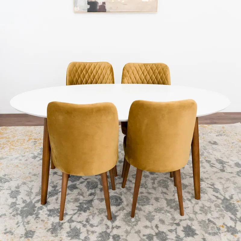 Set da pranzo ovale Kadenza da 5 pezzi con 4 sedie da pranzo in tessuto giallo