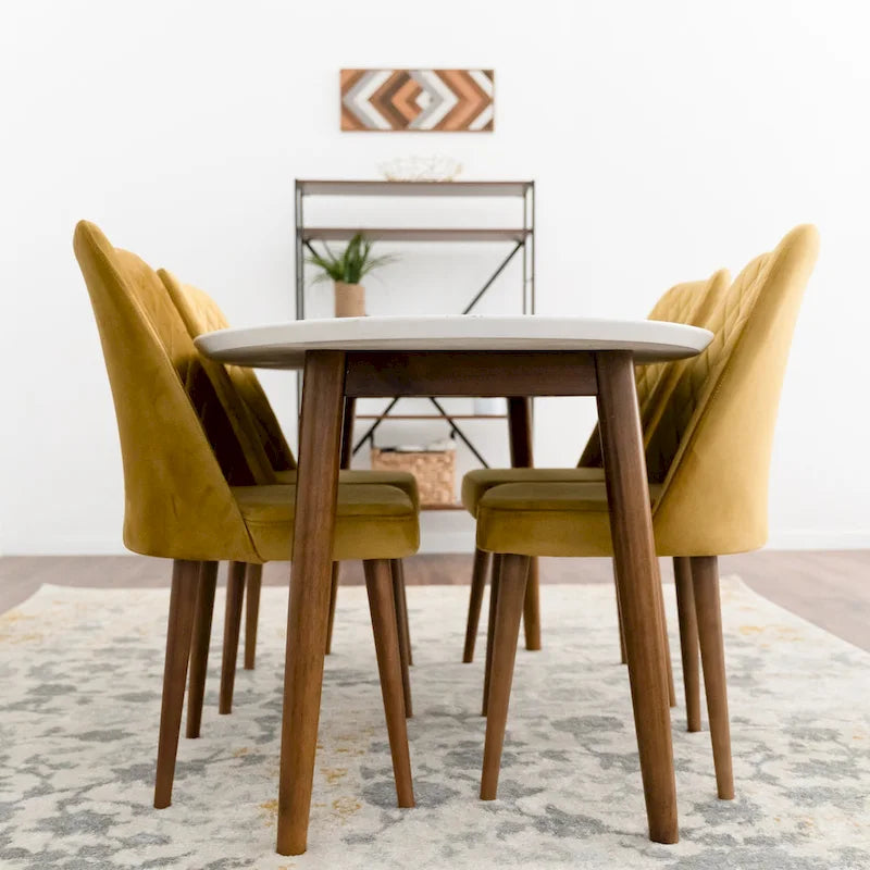 Set da pranzo ovale Kadenza da 5 pezzi con 4 sedie da pranzo in tessuto giallo