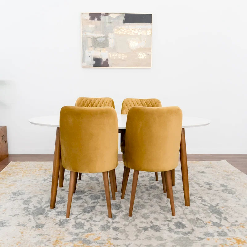 Set da pranzo ovale Kadenza da 5 pezzi con 4 sedie da pranzo in tessuto giallo