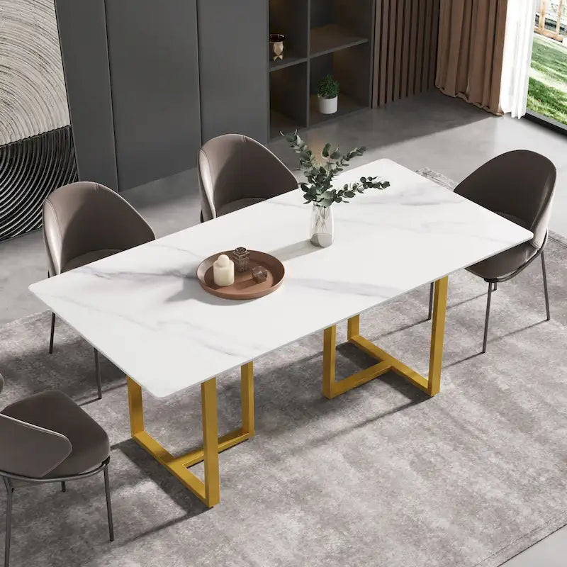Tavolo da pranzo 71 in marmo bianco per 6-8 persone, piano rettangolare e gambe triangolari in acciaio al carbonio