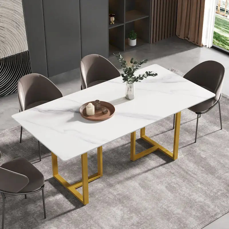 Tavolo da pranzo 71 in marmo bianco per 6-8 persone, piano rettangolare e gambe triangolari in acciaio al carbonio
