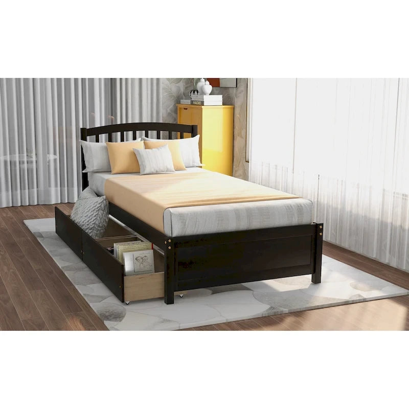 Espresso/White/Grey/Walnut Twin Wood Platform Bed with Drawers and Headboard