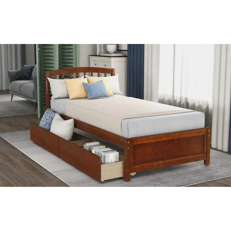 Nestfair Twin Size Wood Platform Bed with Two Drawers and Headboard